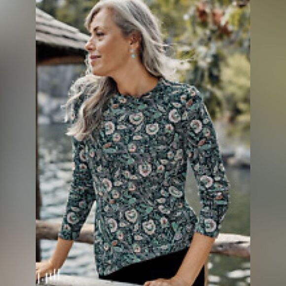 J. Jill Green Paisley Floral Long Sleeve Pima Crew-Neck High-Low Tee Size L - Picture 1 of 10